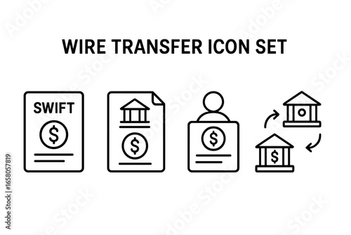 Wire Transfer Icon Set with Outline SWIFT Transfer Forms and Beneficiary Bank Details, Bank Document Vector Illustration for Financial Transactions and Banking Services