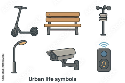 Modern city urban life symbols with electric scooter, park bench, weather sensor, streetlight, surveillance camera, and smart bell in vibrant vector cartoon style