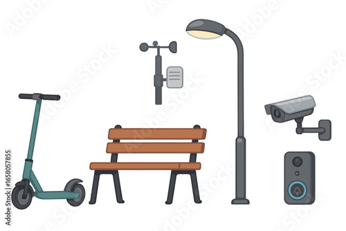 Symbols of modern urban life featuring electric scooter, park bench, weather sensor, streetlight, surveillance camera, and smart bell in a vibrant cityscape vector cartoon