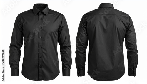 Front and back views of a classic black long sleeved dress shirt on white background