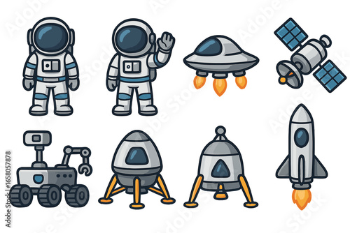 Space exploration icon set. Vector cartoon collection of astronaut, rocket, ufo, satellite, rover, lander, spacecraft. Flat design sticker pack for kids science project.