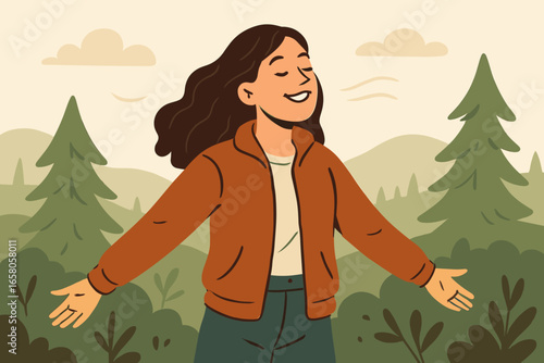 Woman enjoying fresh air in nature. Person feeling free, calm in the forest. Concept of mental health, mindfulness, relaxation, peace. Happy girl taking deep breath. Vector.
