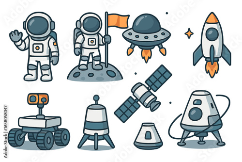 Cute cartoon space exploration icon set. Astronaut on moon with flag, rocket, UFO, satellite, and rover. Spaceman and spaceship vector illustration collection for kids.