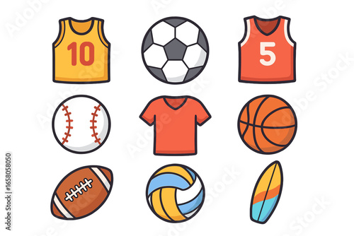 Sports equipment icon set. Collection of cartoon vector illustrations. Soccer, basketball, American football, baseball, volleyball, and surfing items. Team game gear elements.