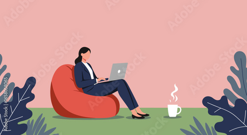 Professional woman working remotely on laptop from a comfortable outdoor setting. Represents flexible work, productivity, and modern lifestyle.