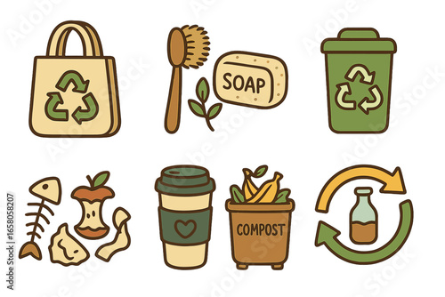 Eco friendly lifestyle icon set. Sustainable living, zero waste concept. Reusable bag, compost bin, recycling symbol, sorting garbage, conscious consumption vector icons.
