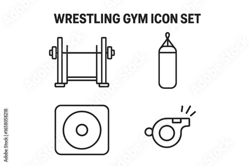 Wrestling Gym Equipment Icon Set. Outline vector illustration of weightlifting rack, punching bag, training mat, coach whistle. Sports facility, wrestling training tools, athletic gym, fitness icons.