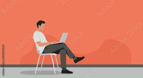 A modern illustration of a man casually sitting on a chair, focused on his laptop. Ideal for remote work, online learning, or digital productivity concepts.