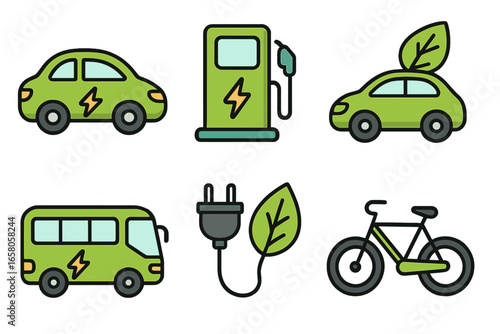 Eco friendly transport icon set. Sustainable mobility concept with electric car, EV bus, bicycle, and charging station. Green energy vehicle and ecology power plug vector icons.
