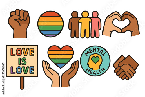Vector icon set of diversity, inclusion and community support. Symbols of social movements: LGBTQ pride, Black Lives Matter, mental health awareness. Equality and unity concepts.