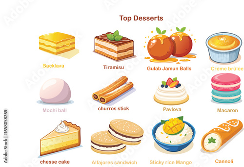 A colorful illustration showcasing a variety of popular desserts, each with a label.