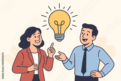 Business teamwork creativity concept. Man and woman colleagues brainstorming together. Happy people with light bulb idea symbol. Innovation, solution, and inspiration in flat design.