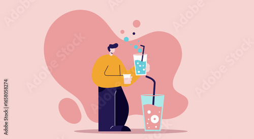 Vibrant illustration of a person pouring a refreshing drink between glasses, symbolizing hydration, sharing, or fluid transfer. Ideal for health and beverage content.