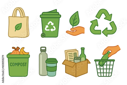 Sustainable living icons set. Eco friendly lifestyle. Waste reduction and recycling concept. Zero waste elements. Reusable bag, compost bin, recycle symbol. Vector pack design.