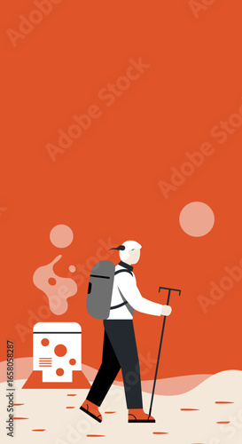 Minimalist illustration of a person with a backpack and walking stick, exploring a stylized, futuristic outdoor environment. Concepts of travel and adventure.