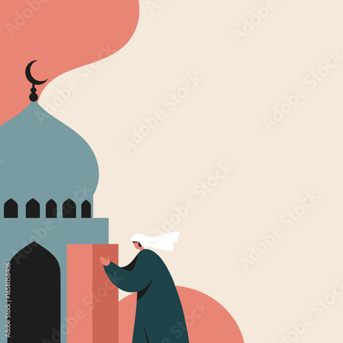 An illustration of a Muslim person offering charity near a mosque, symbolizing spirituality, community, and generosity during religious observances like Ramadan or Eid.