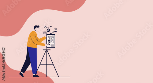 Male creator working with camera equipment, focused on video or photo production. Ideal for digital media, content creation, and online business concepts.