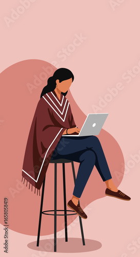 Woman in a cozy poncho works on her laptop, embodying remote productivity and a flexible modern lifestyle. Ideal for business, technology, or travel concepts.
