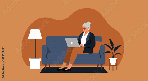 Senior woman comfortably working on a laptop from home, embodying modern retirement, online connectivity, and remote productivity. Ideal for lifestyle and technology.