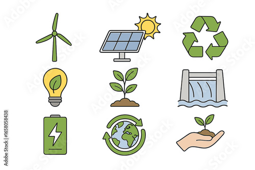 Renewable energy vector icon set. Sustainability symbols collection. Green power concept with solar panel, wind turbine, recycle sign, hydro dam, leaf bulb. Ecology illustration.