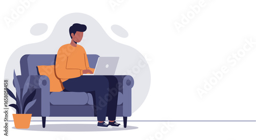 Person working remotely from home on a laptop, sitting comfortably on a sofa. Represents flexibility, online learning, or freelance work.