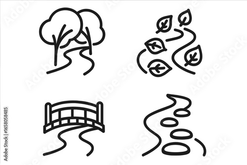 Woodland Path Icons Set, Outline Vector Illustration of Shaded Forest Trails, Leaf-Covered Path, Wooden Footbridge, and Stepping Stones, Nature Walking and Hiking Symbols