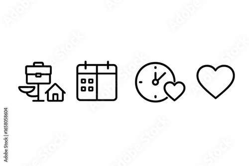 Work-Life Balance Icons Outline Set with Scales, Briefcase, Home, Split Calendar, Clock with Heart, and Love Symbol for Productivity and Wellbeing Concepts