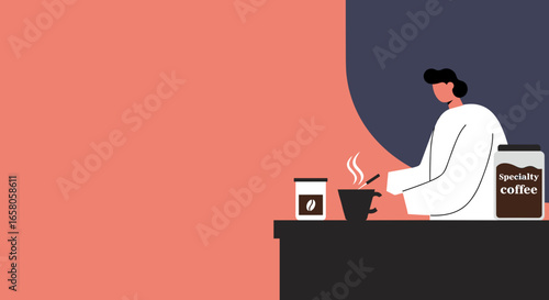 Person preparing specialty coffee, stirring a steaming mug at home. Illustrates morning ritual, comfort, and a relaxed lifestyle moment.