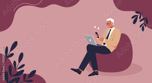 Senior man confidently uses laptop and smartphone on a comfy bean bag, embracing remote work and digital connectivity. Modern lifestyle.