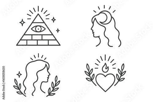 Mystical Minimalist Vector Set with Pyramid Eye, Woman Silhouettes, Heart and Moon, Spiritual Line Art, Esoteric Symbols, Sacred Geometry, Magical Occult Cartoon Illustration, Transparent Background