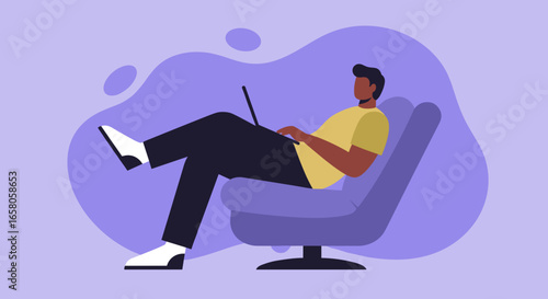 Young man comfortably working remotely on his laptop from a chair. Ideal for concepts of telecommuting, flexible work, online learning, and digital lifestyle.