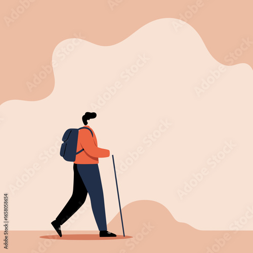 A person with a backpack and walking stick hikes through a minimalist landscape, representing travel, adventure, and exploration. Ideal for lifestyle and outdoors concepts.