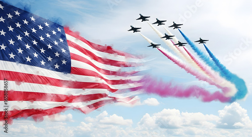 Celebrating Freedom American Flag with Air Show Jet Planes and Patriotic Sky