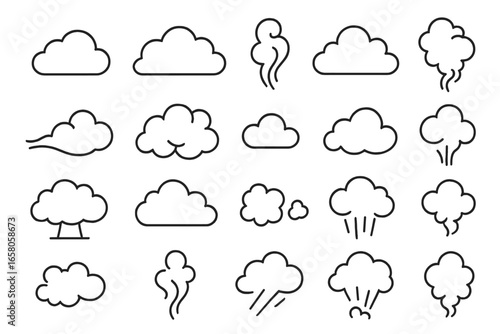 Diverse cloud and smoke vector icon set. Simple line art style illustrations for digital design, weather, atmosphere, steam, vapor, puff, cartoon, transparent background, graphic resources.