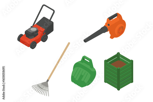 Isometric yard cleanup tools vector set. Lawn mower, leaf blower, garden rake, leaf scoop, compost bin. Garden equipment icons for landscaping, maintenance, autumn leaves, outdoor care, green spaces.