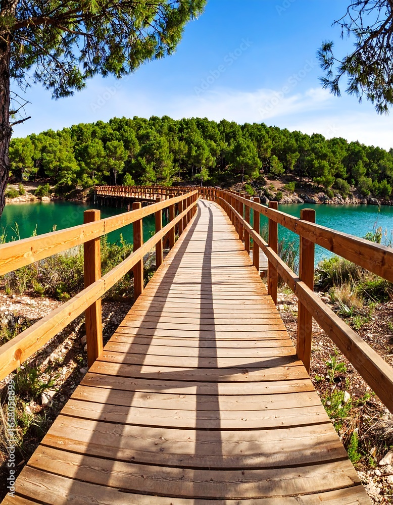 Fototapeta premium Wooden boardwalk path through forest to lake
