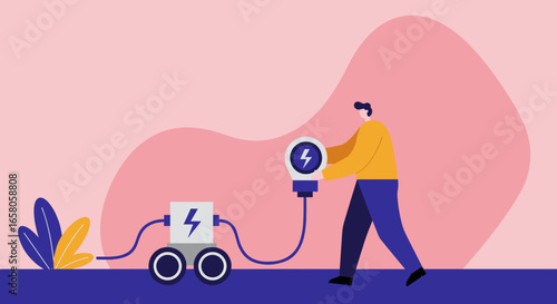 Person plugs into a mobile energy source, illustrating sustainable power, charging, and innovative technology. Represents green energy solutions.