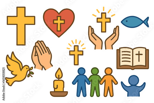 Modern Christian Faith Symbols Vector Set. Cross, Bible, Praying Hands, Dove, Candle, Heart, Community, Spirituality, Religion, Worship Icons. Cartoon Style for Religious Projects.