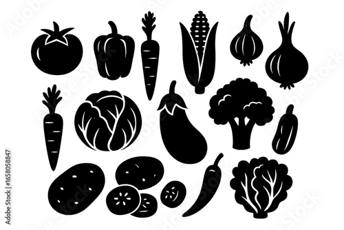 Variety of vegetables in simple black silhouette design, healthy eating and culinary inspiration vector, cartoon style illustration on transparent background for food concepts