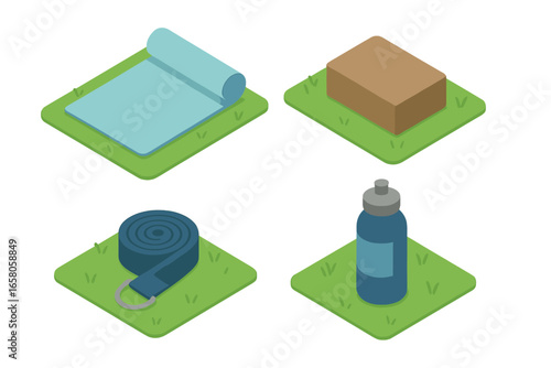 Isometric yoga icon set for flexibility and exercise in the park featuring yoga mat on grass, yoga block, yoga strap, and water bottle. Flat vector illustration for wellness and fitness concepts.