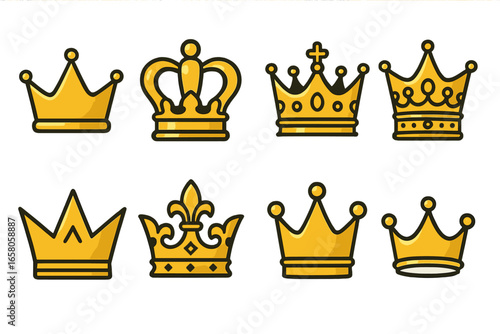 Royal crown icons collection in gold and black. Vector cartoon illustration with luxury king, queen coronet, imperial jewelry, monarchy, vintage regal heraldry. Elegant decorative crown clipart set.