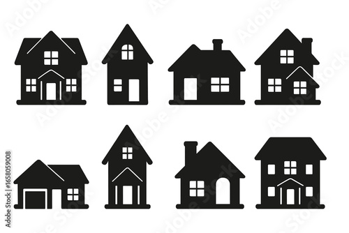 Minimalistic House Silhouettes Vector Collection Featuring Various Architectural Designs and Structures for Graphic Applications, Illustrations, Urban and Residential Concept Art