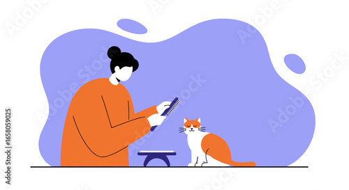 Person grooming a happy cat with a brush, illustrating pet care, hygiene, and the bond between owner and animal. Ideal for pet product ads or animal welfare content.