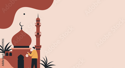 Stylized illustration of a person holding a lantern near a mosque, symbolizing Islamic culture, spirituality, and festive traditions. Ideal for Ramadan and Eid greetings or travel.
