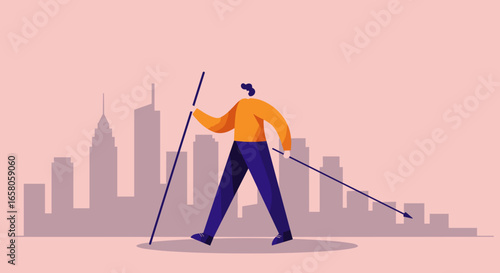 Stylized person walks through city silhouette, holding sticks representing upward growth and downward trends. Concept of navigating business challenges and opportunities.