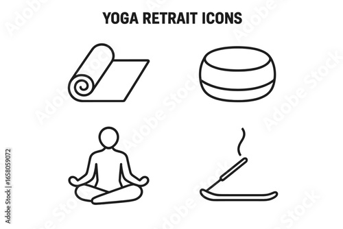 Yoga retreat essentials set. Outline vector icon collection: yoga mat, meditation cushion, lotus pose silhouette, incense stick. Wellness, mindfulness, spiritual zen, relaxation activities concept.