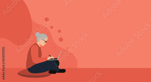 Focused senior woman using laptop with stylus, representing digital literacy, online learning, and modern retirement. Ideal for technology, education, or lifestyle content.