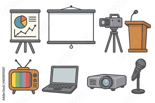 Media and presentation icon set. Business communication equipment for conference, lecture, or seminar. Vector cartoon illustration of projector, screen, laptop, and microphone.