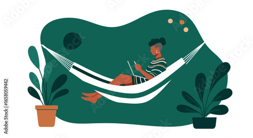 A person relaxing in a hammock, working remotely with a laptop and phone amidst plants. Represents freelance, remote work, or a digital nomad lifestyle.