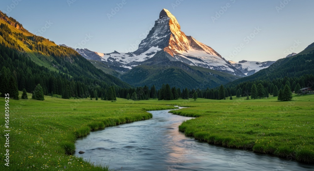 Fototapeta premium Majestic, pyramid-shaped mountain rises above a verdant valley with a flowing river, lush green fields, and a dense forest